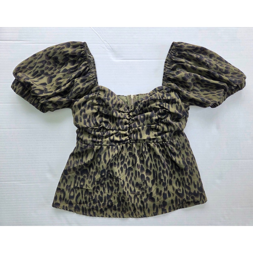 Lost in Lunar Puff Sleeve Top Womens S Green Leopard Print Ruched Zipper Back